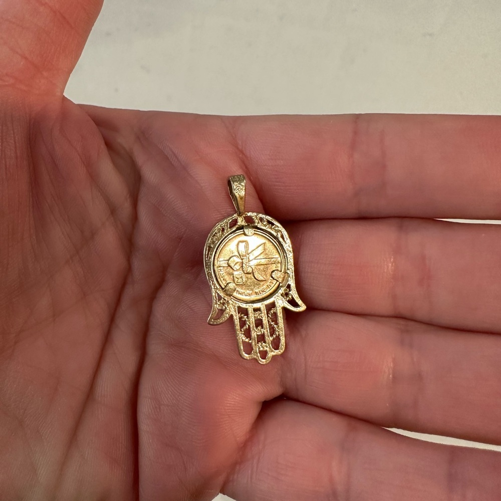 Hamsa pendant with a coin inside, with a lucky blessing, 14k gold! Real gold.